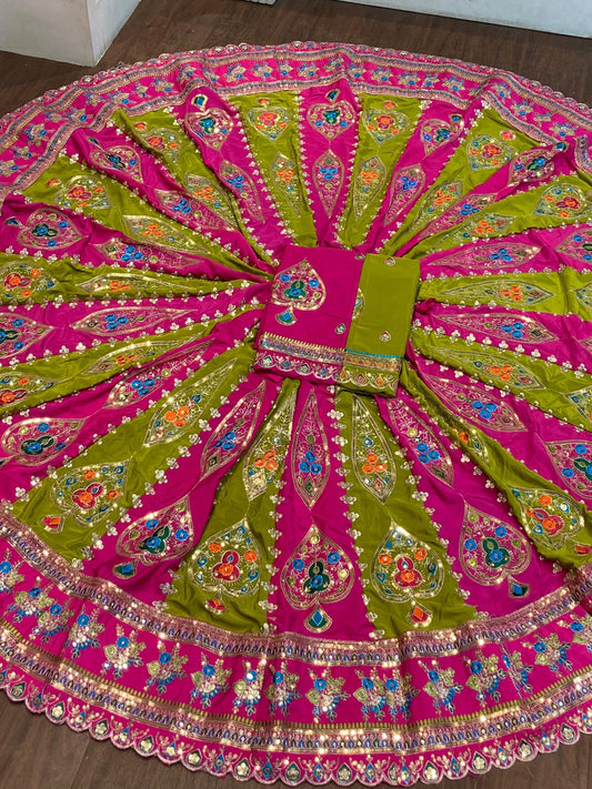 7 Miter full Gher Silk Crepe Premium quality Bridal Rajputi Poshak In Pink color-91572