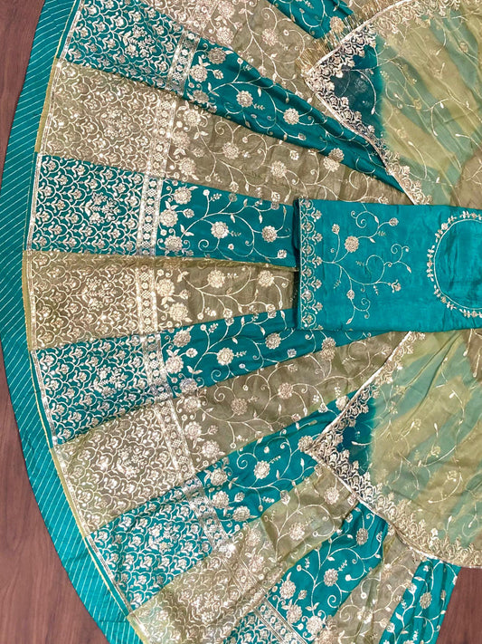 16 Kali Gher Gold Crush Rajputi Poshak with Laffa gotta Border Work in Green color-91676