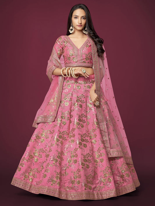 Slub Silk Traditional Reception Semi-Stitched Lehenga Choli In Pink color-41001