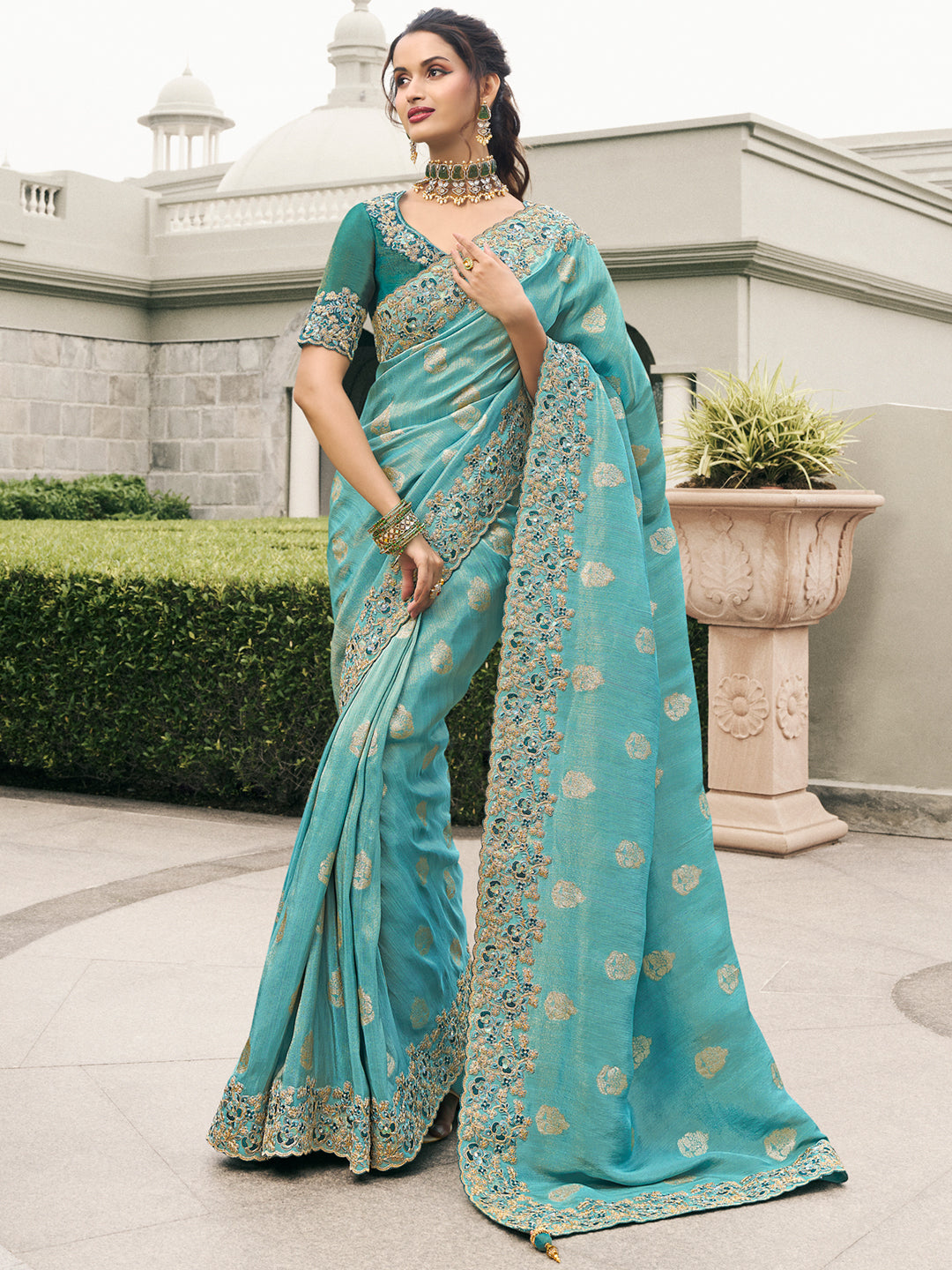 Embroidered Border Pure Tissue Silk Saree in Blue color-81538