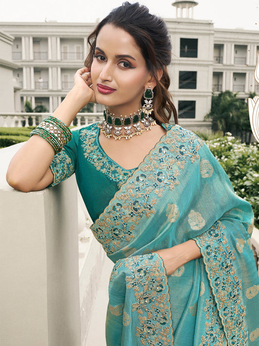 Embroidered Border Pure Tissue Silk Saree in Blue color-81538