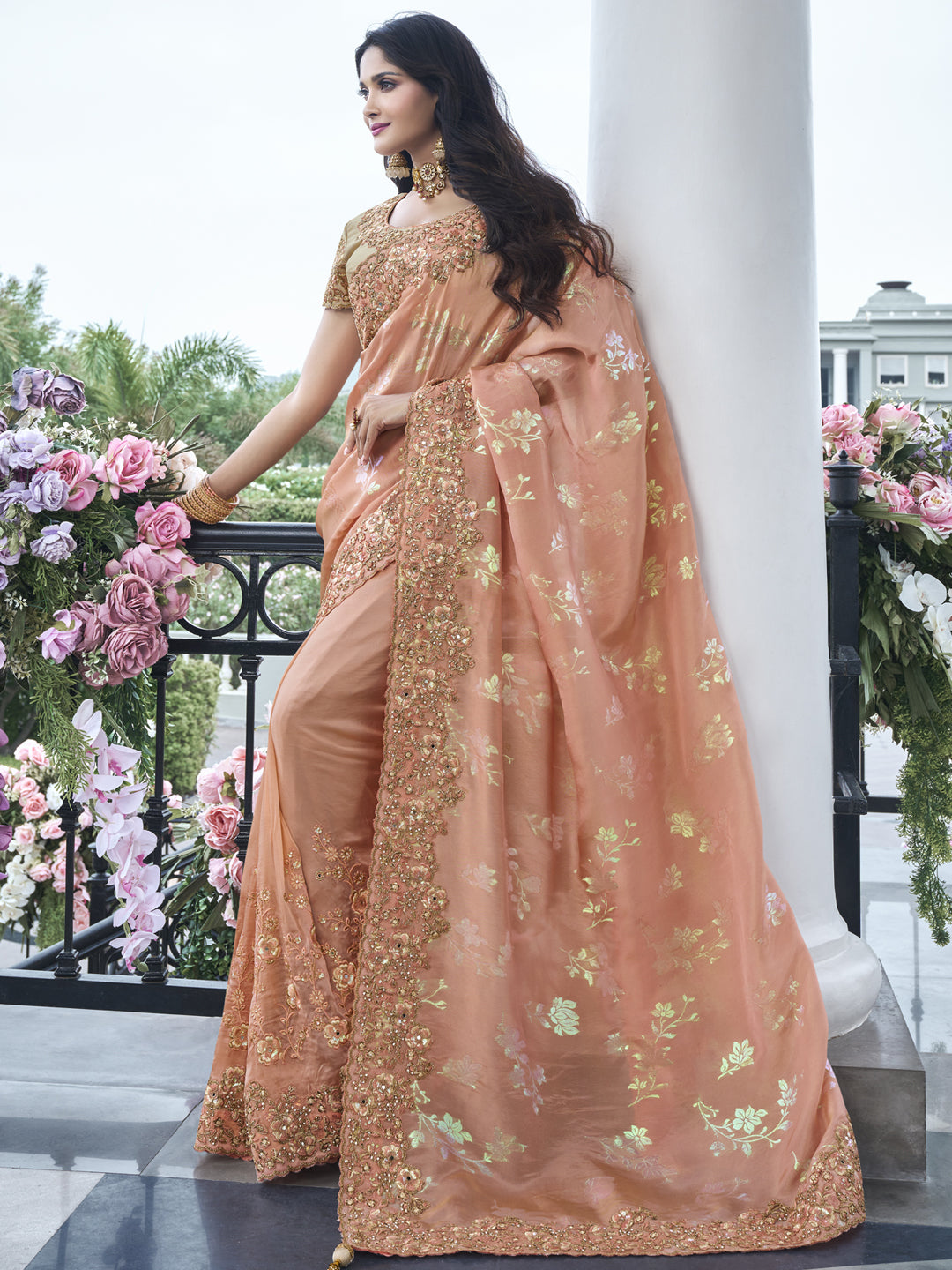 Zari Embroidery Soft Fancy Saree in Peach color-81539
