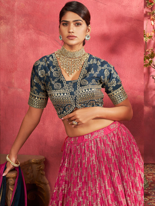 Embroidered Designer Jacquared Sangeet Mehedi Lehenga in Pink Color-81513