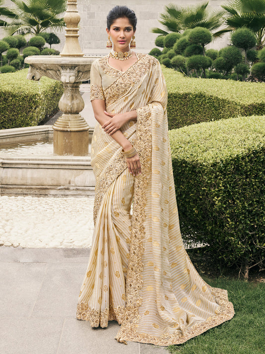 Embroidered Border Pure Tissue Silk Saree in Off White color-81537