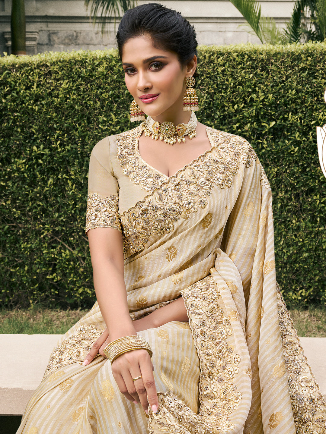 Embroidered Border Pure Tissue Silk Saree in Off White color-81537