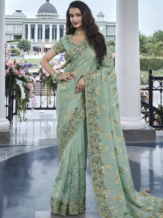 Zari Embroidery Soft Fancy Double shaded Saree in Light Green Color-81544