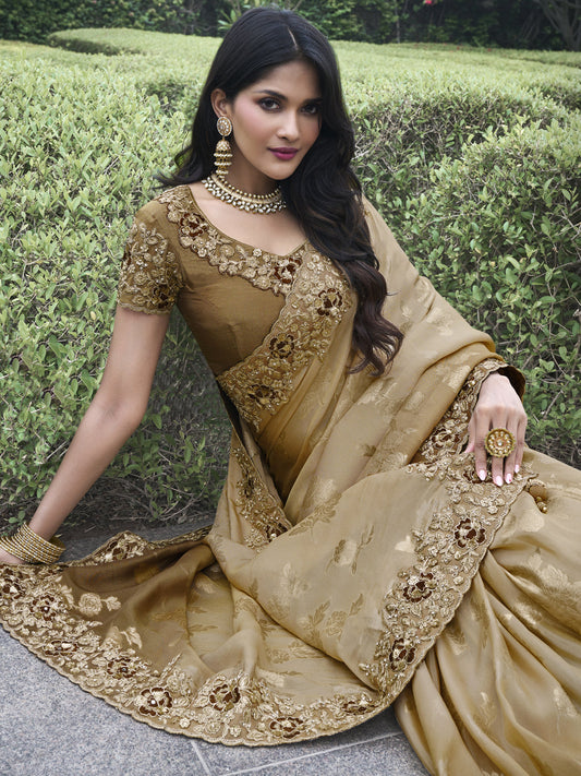 Zari Embroidery Soft Fancy Double shaded Saree in Gold Color-81545
