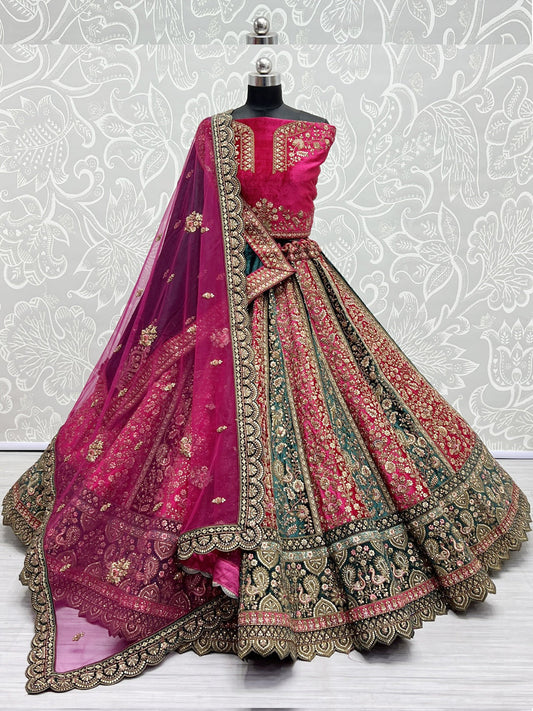 Embroidered Velvet Bridal Lehenga with Double Chunni in Multicolor-81810