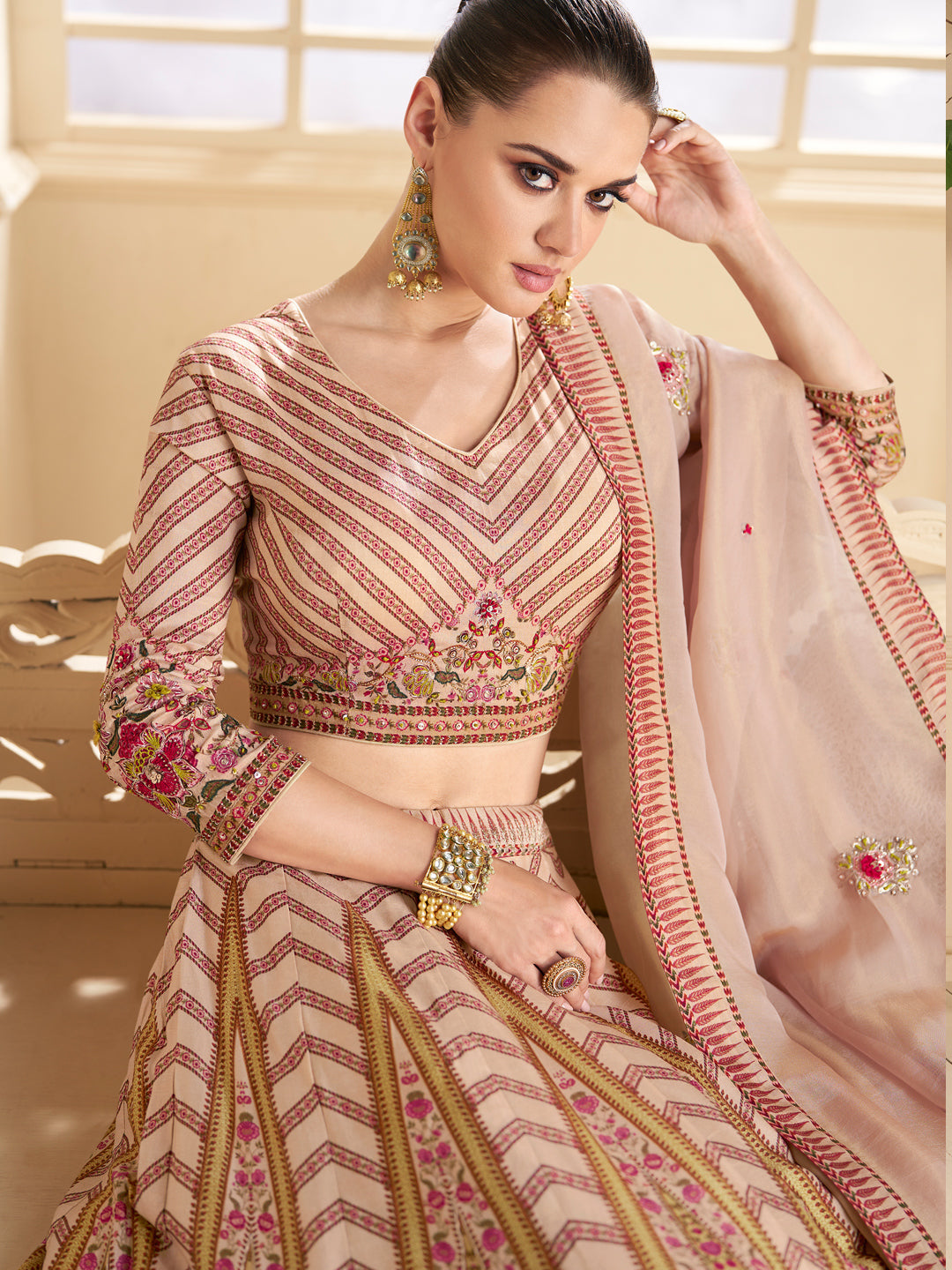 Embroidered Silk Georgette Sangeet Mehedi Lehenga in Gold Color-81349