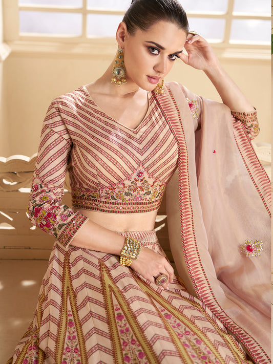 Embroidered Silk Georgette Sangeet Mehedi Lehenga in Gold Color-81349