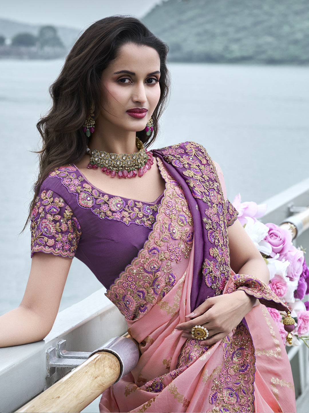 Zari Embroidery Soft Fancy Double shaded Saree in Purple Color-81546