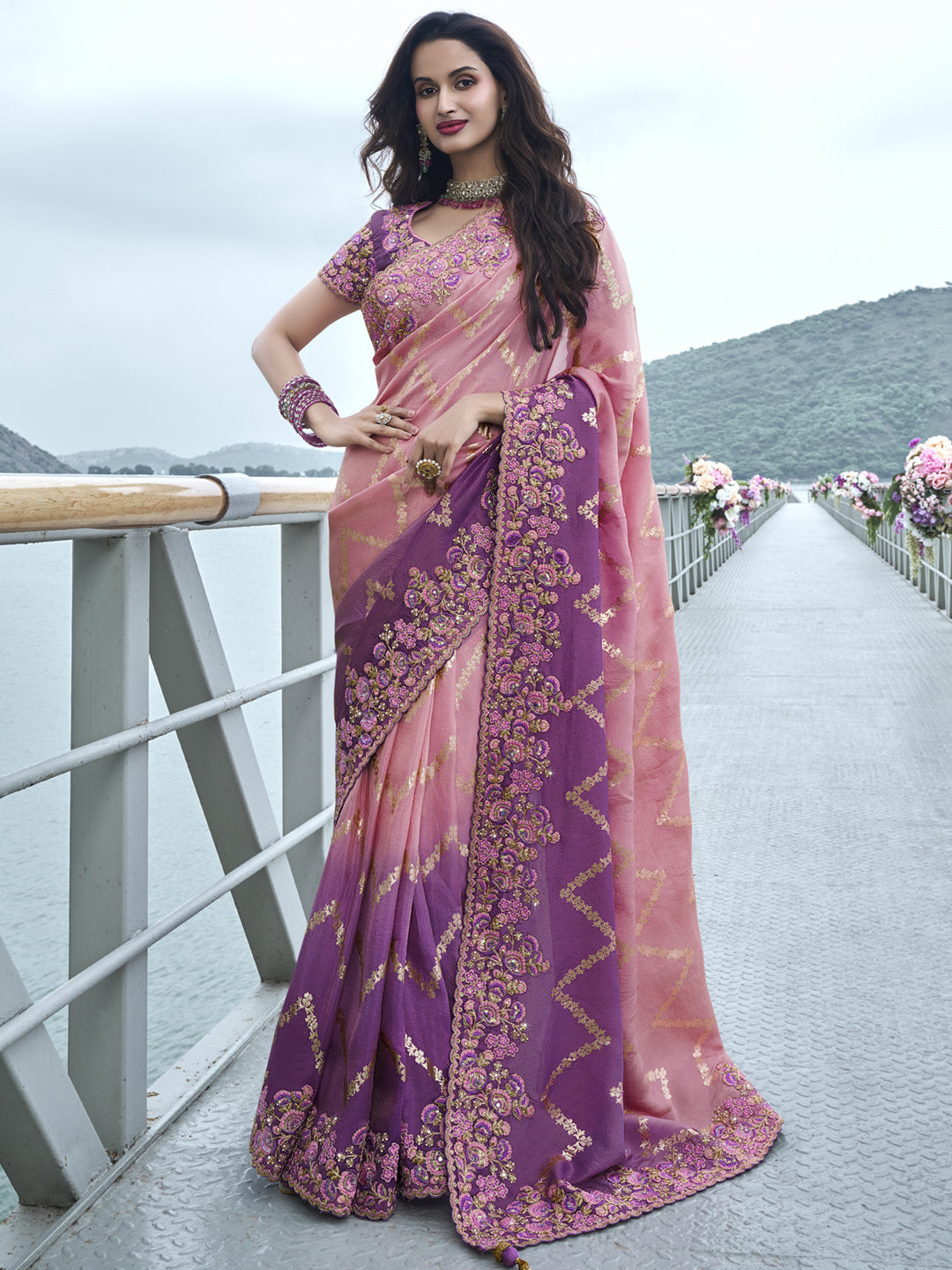 Zari Embroidery Soft Fancy Double shaded Saree in Purple Color-81546