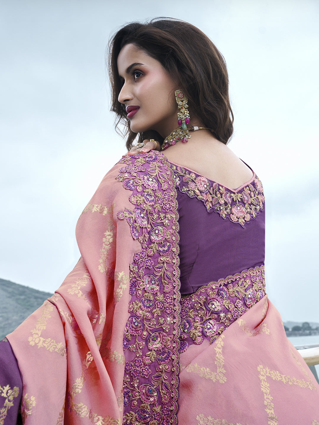 Zari Embroidery Soft Fancy Double shaded Saree in Purple Color-81546