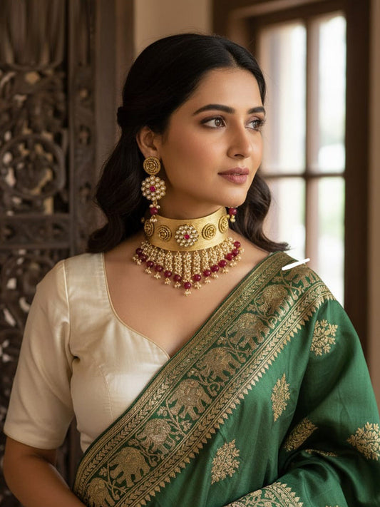 Women Antique Brass Kundan Necklace Jewelry Set -20191