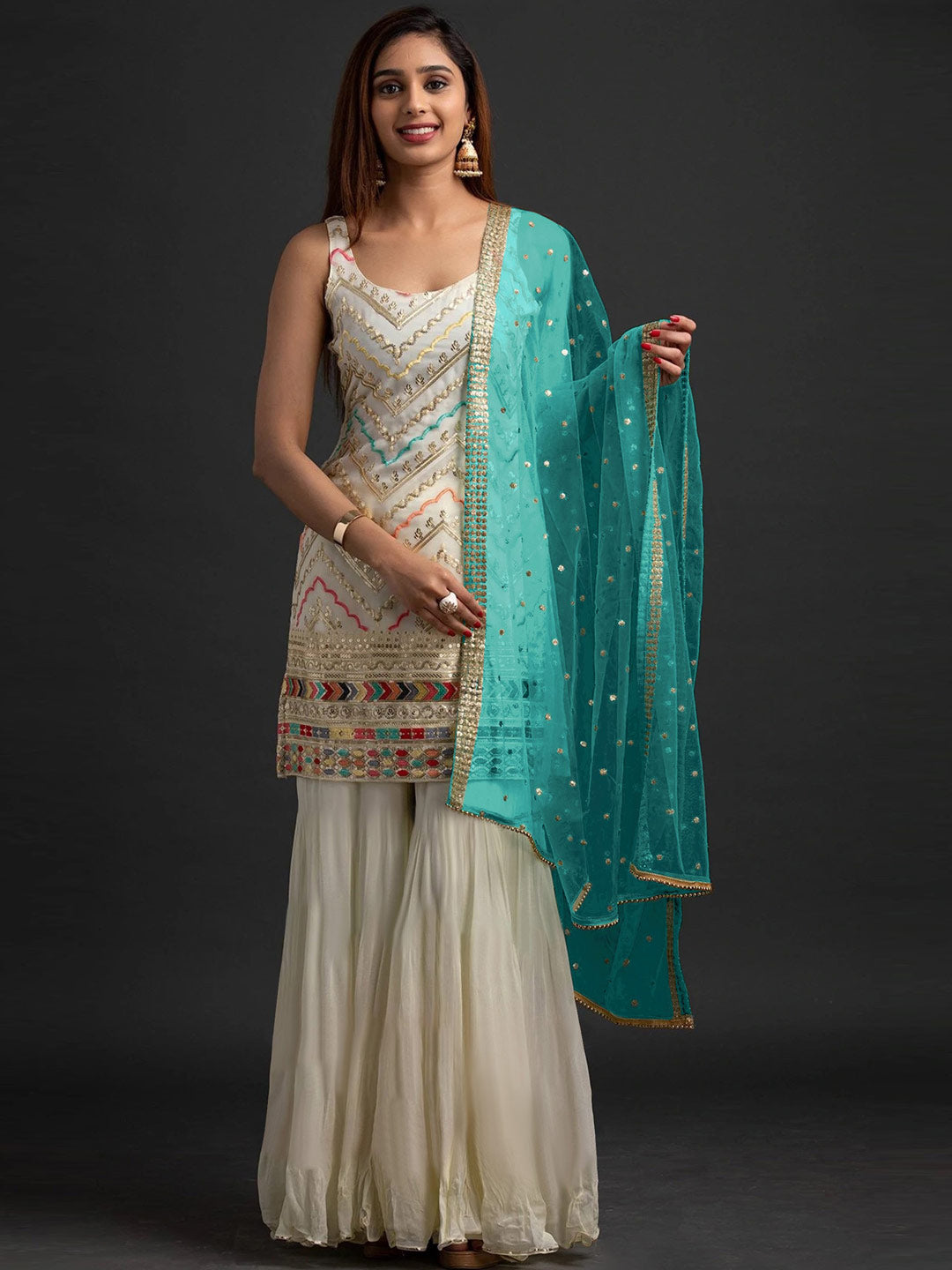 Women Faux Georgette Silk Embroidered Kurta, Palazzo & Dupatta Set-750025