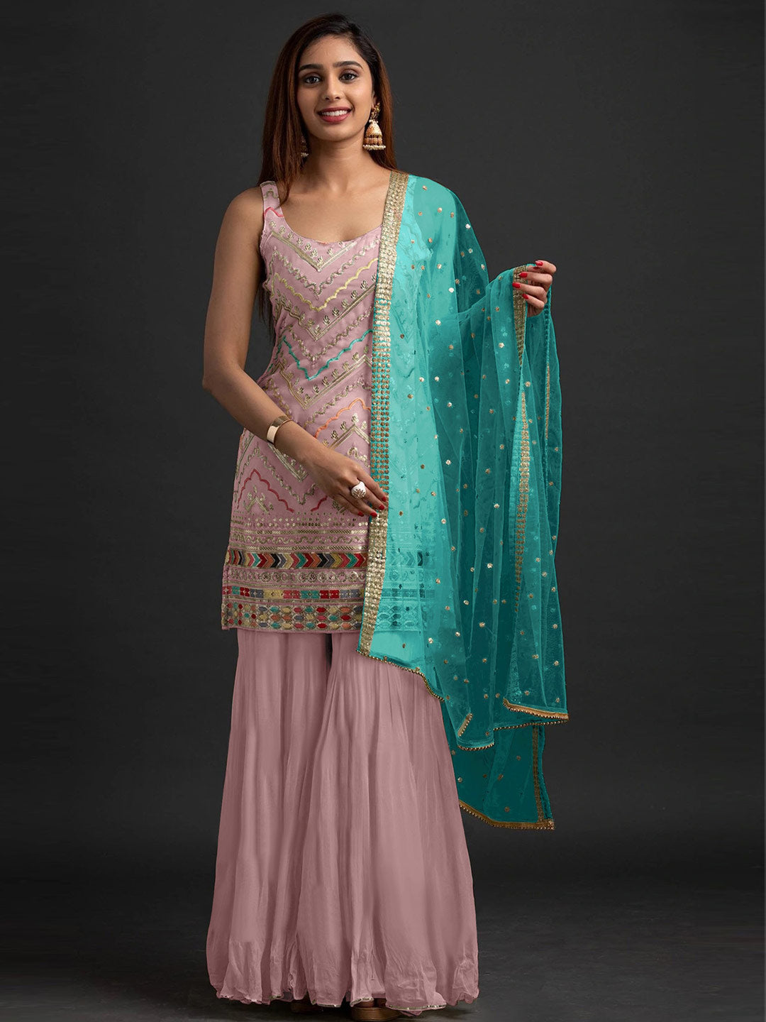 Women Faux Georgette Silk Embroidered Kurta, Palazzo & Dupatta Set-750026