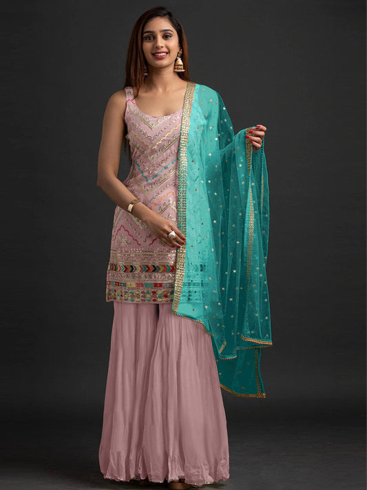 Women Faux Georgette Silk Embroidered Kurta, Palazzo & Dupatta Set-750026