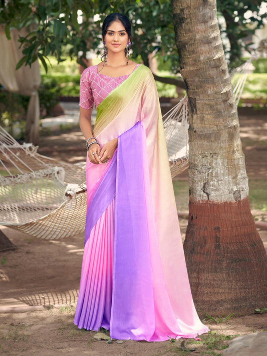 Multicolor Soft Satin Traditional Daily wear Saree In Purple-81105