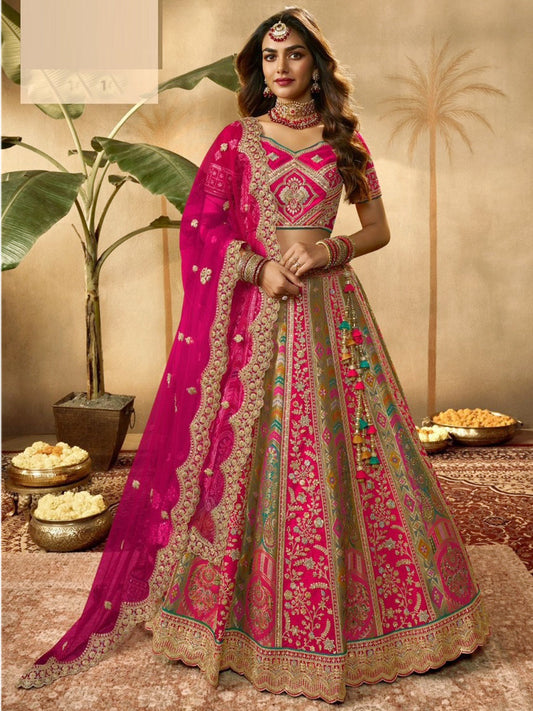 Embroidered Silk Bridal Lehenga with Double Chunni in Multicolor Color-61119