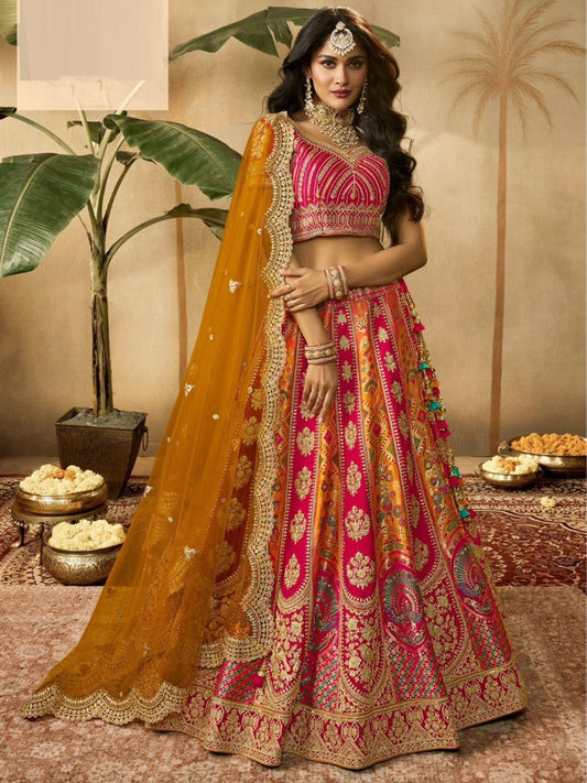Embroidered Silk Bridal Lehenga with Double Chunni in Multicolor Color-61120