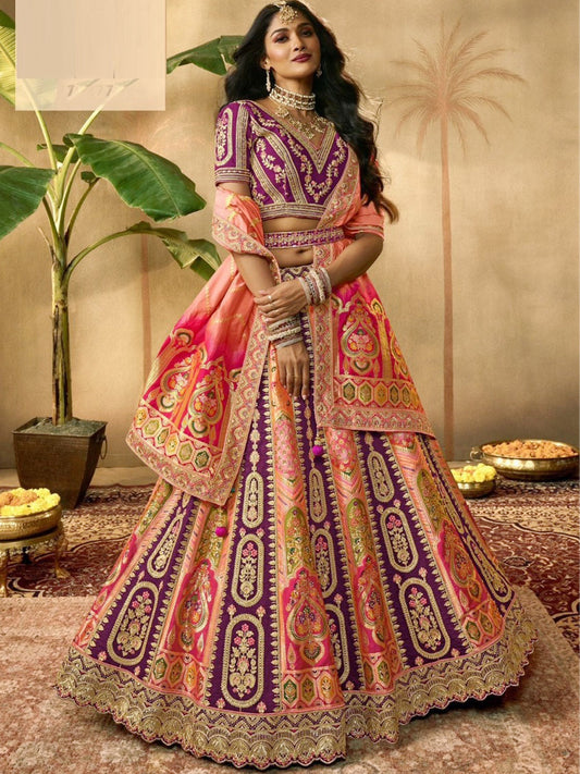 Embroidered Silk Bridal Lehenga with Double Chunni in Multicolor Color-61121