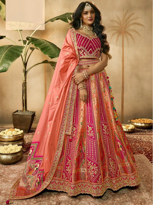 Embroidered Silk Bridal Lehenga with Double Chunni in Multicolor Color-61123