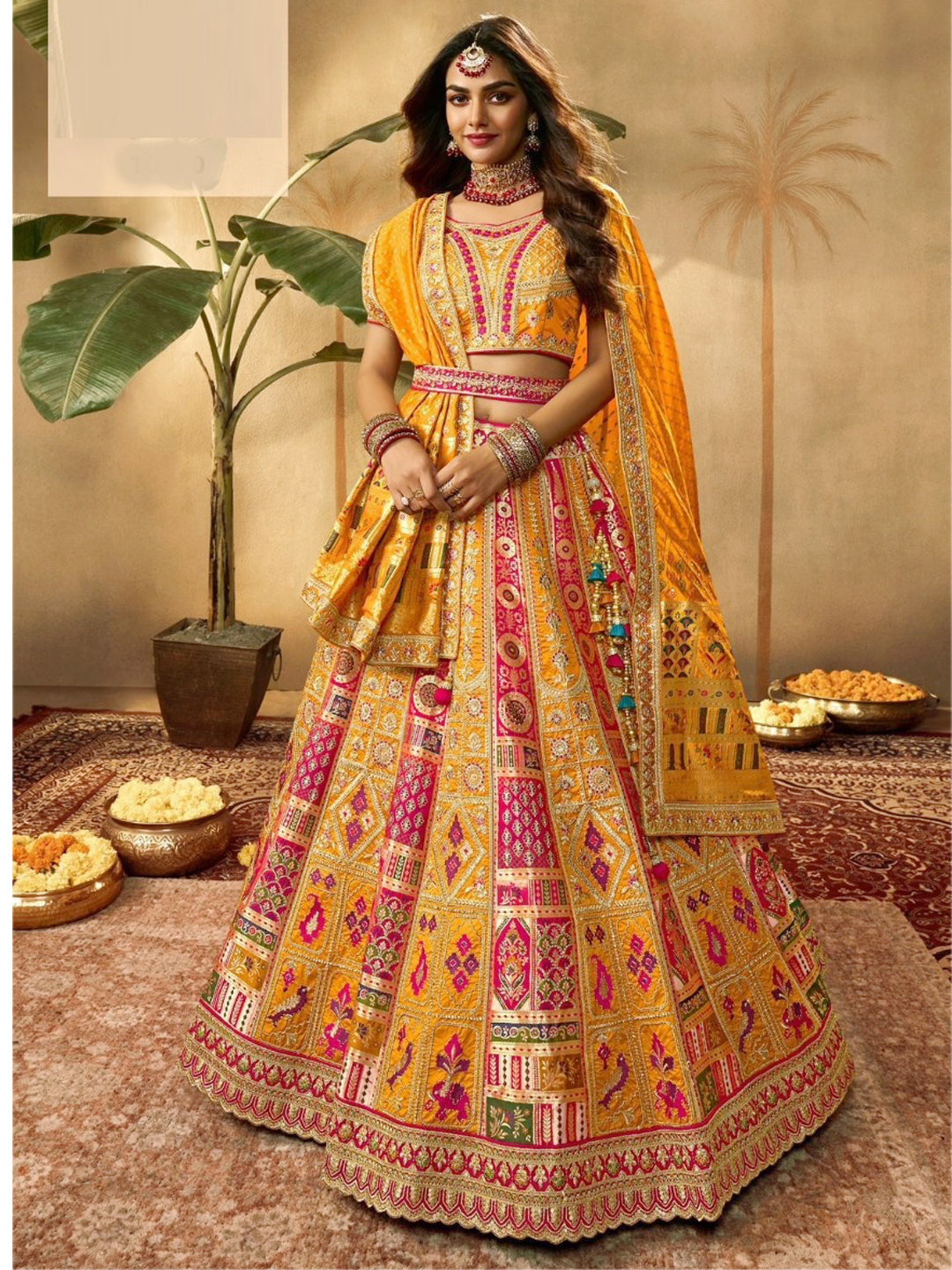 Embroidered Silk Bridal Lehenga with Double Chunni in Multicolor Color-61124