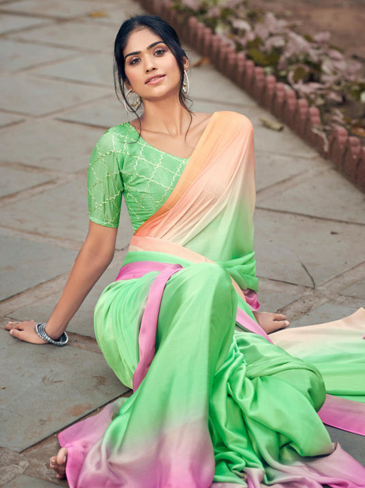 Multicolor Soft Satin Traditional Daily wear Saree In Green-81106
