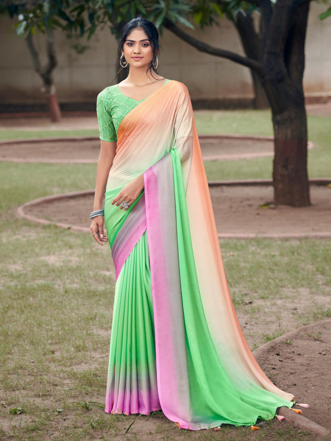 Multicolor Soft Satin Traditional Daily wear Saree In Green-81106