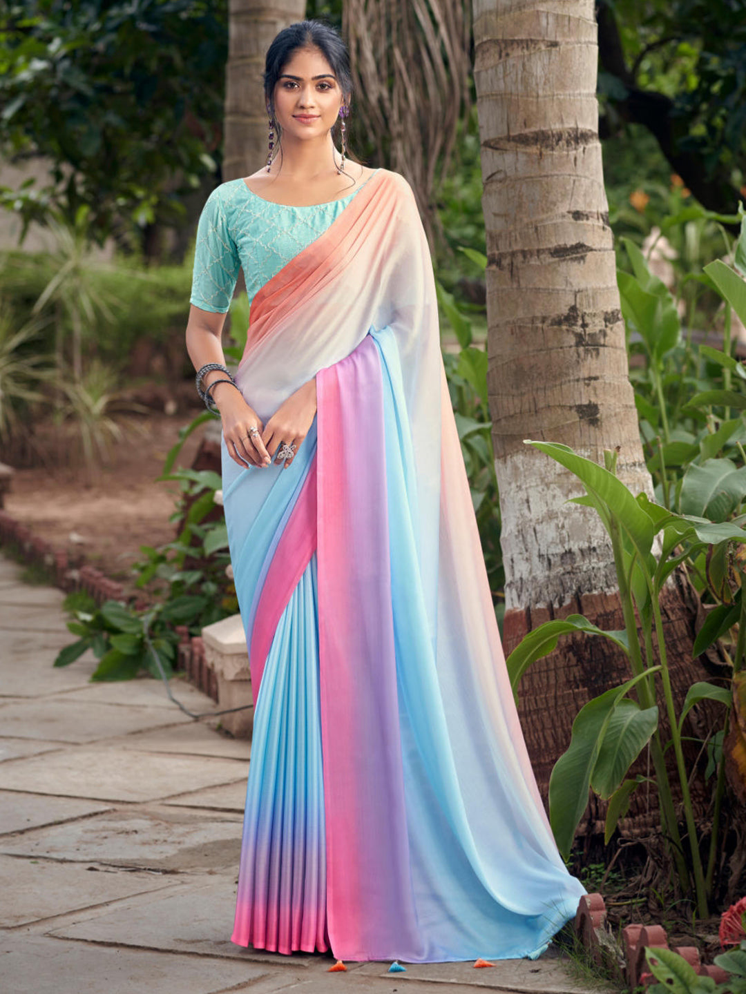 Multicolor Soft Satin Traditional Daily wear Saree In Blue-81111
