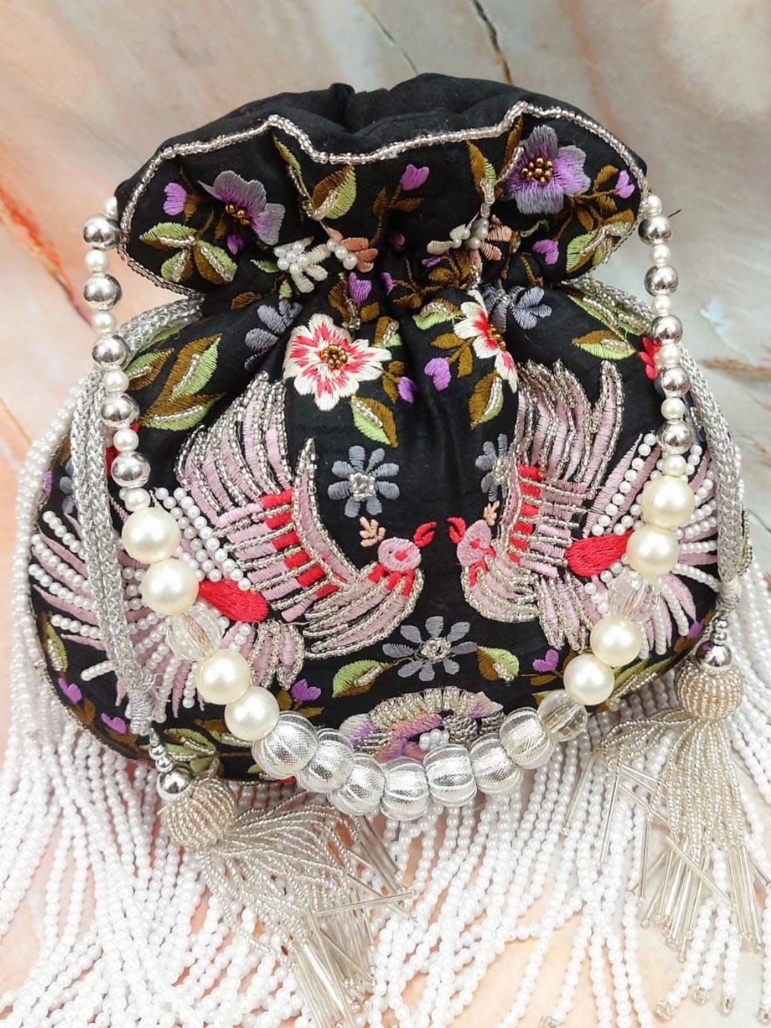 Black color Designer Heavy Pearl Double Sided Embroidered Handcrafted Potli-40945