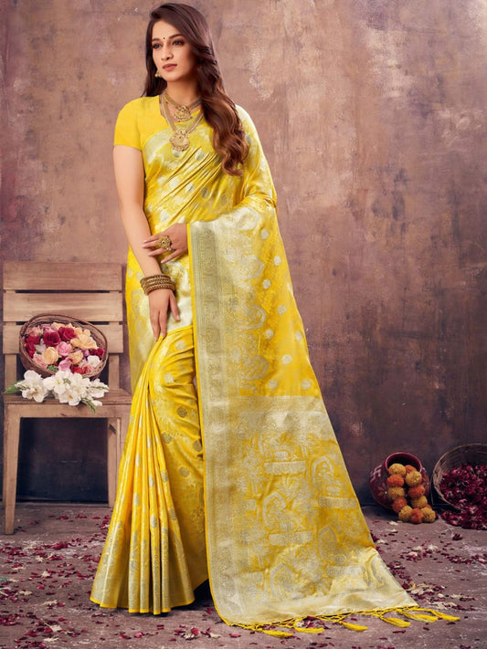 Weaving Banarasi Silk Saree In Yellow Color
