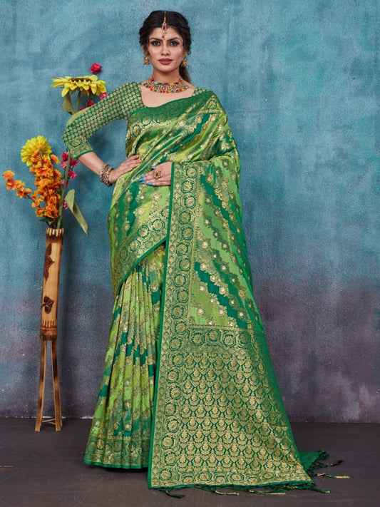 Weaving Banarasi Silk Festive Saree In Green Color-81058