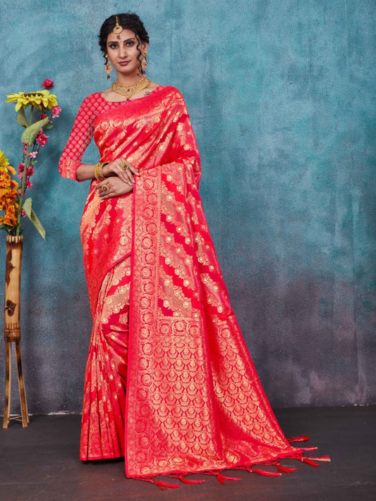 Weaving Banarasi Silk Festive Saree In Red Color-81060