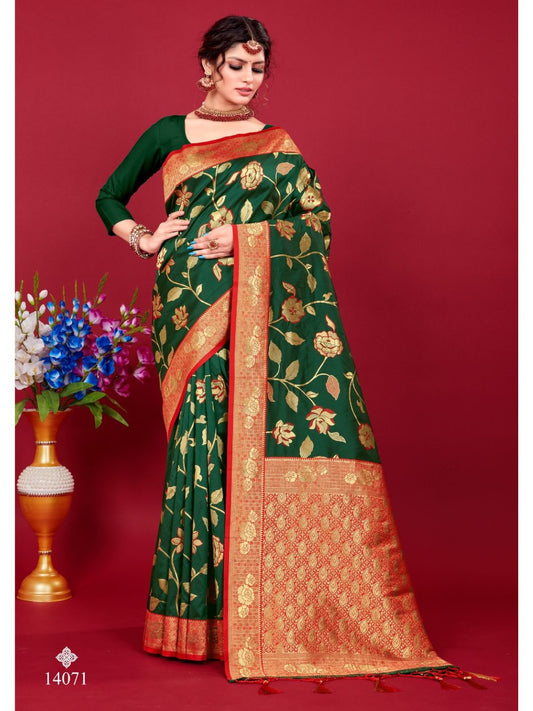 Weaving Banarasi Silk Wedding Saree In Green-81066