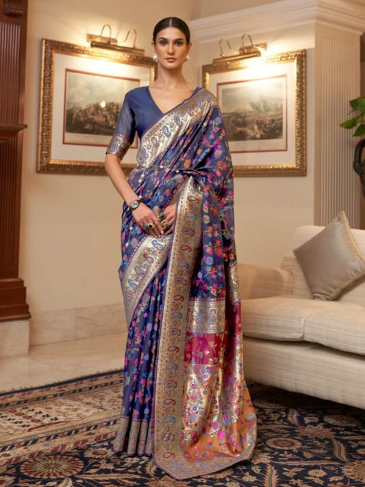 Weaving Kashmiri Bollywood Saree In Blue-81070