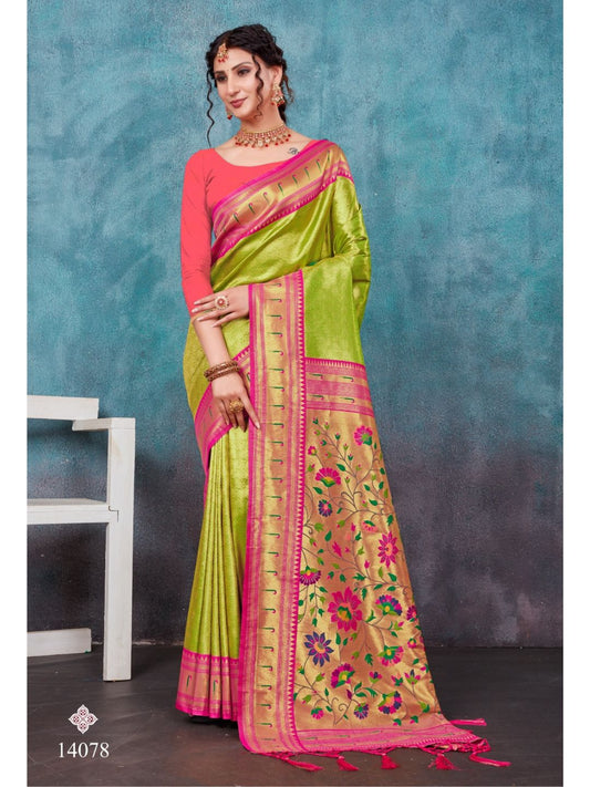 Weaving Paithani Silk Saree In Green Color-81055