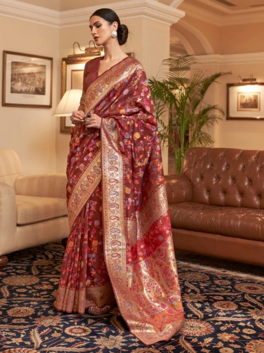 Weaving Kashmiri Bollywood Saree In Brown-81073