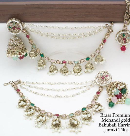 Brass Premium quality Mehandi Gold Bahubali Earring jumki tika set-301148