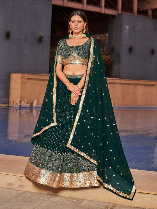 Georgette Traditional Reception Semi-Stitched Lehenga Choli In Green color-40992