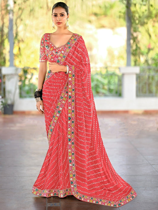 Georgette with Bandhej Printed Sequence work Saree in Pink color-41017