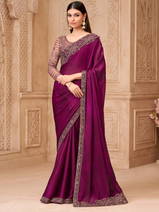Rich Wine Sartin Georgette with Embroidered Saree-32010