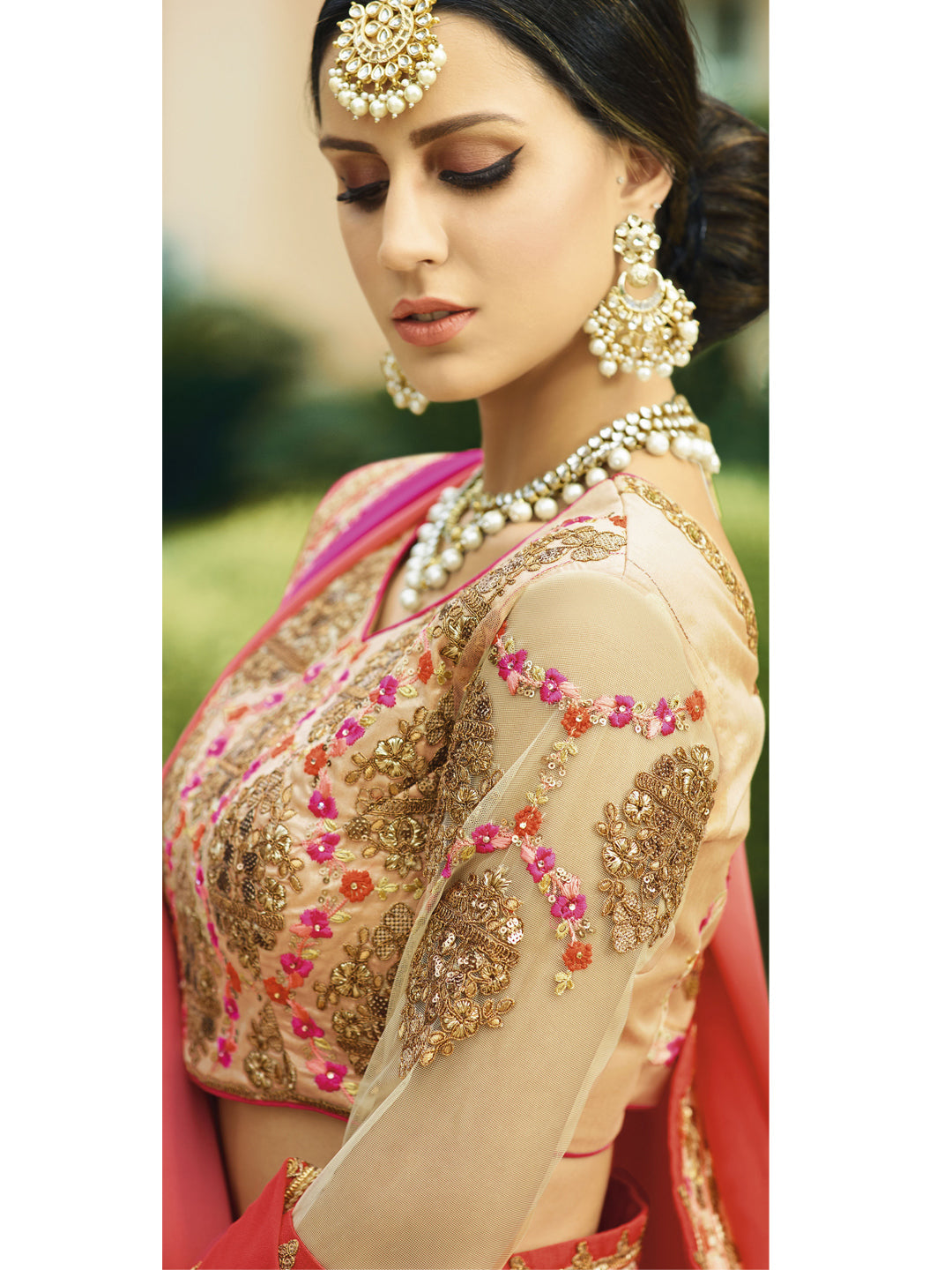 Embroidered Border Georgette Saree in Red color-82076