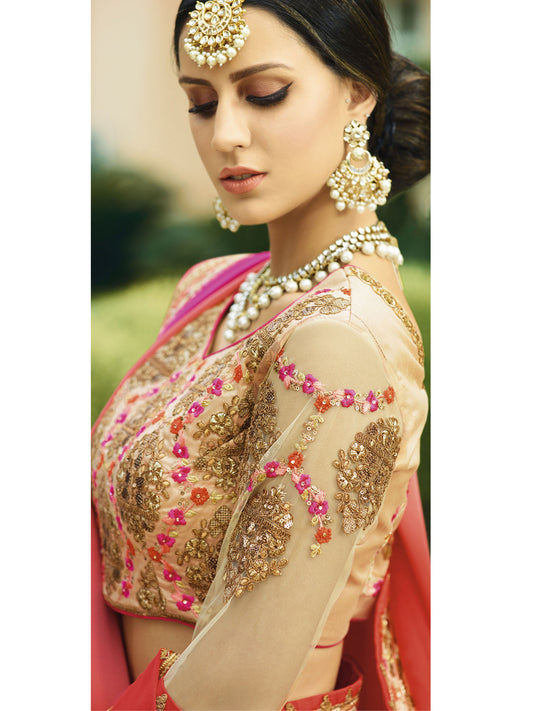 Embroidered Border Georgette Saree in Red color-82076