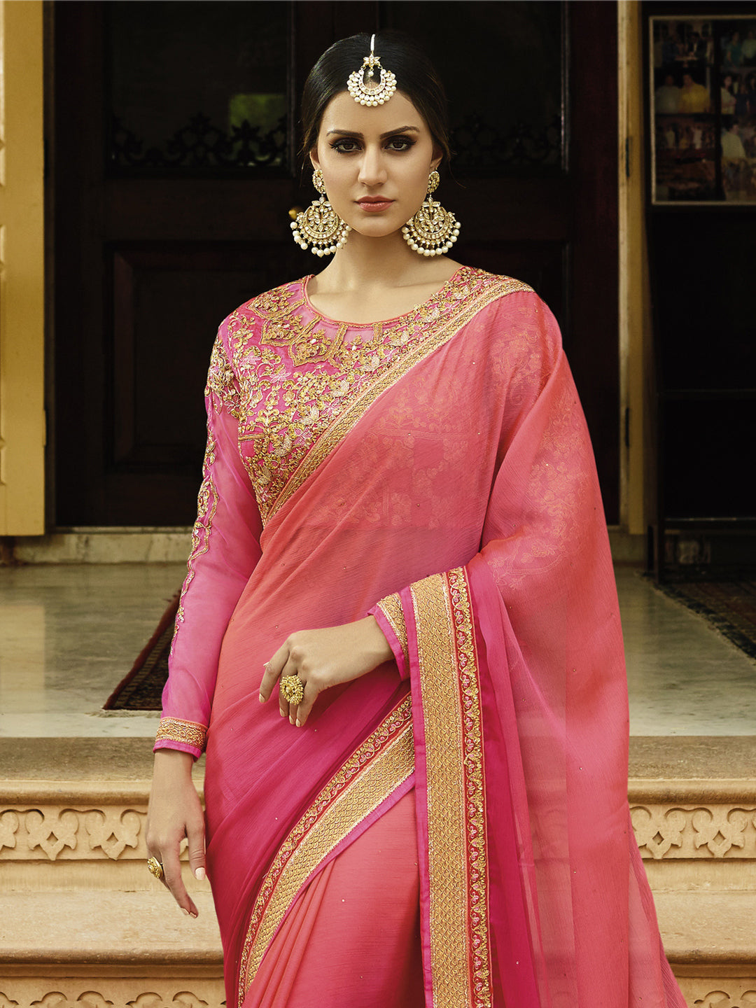 Embroidered Border Chiffon Saree in Pink color-82080