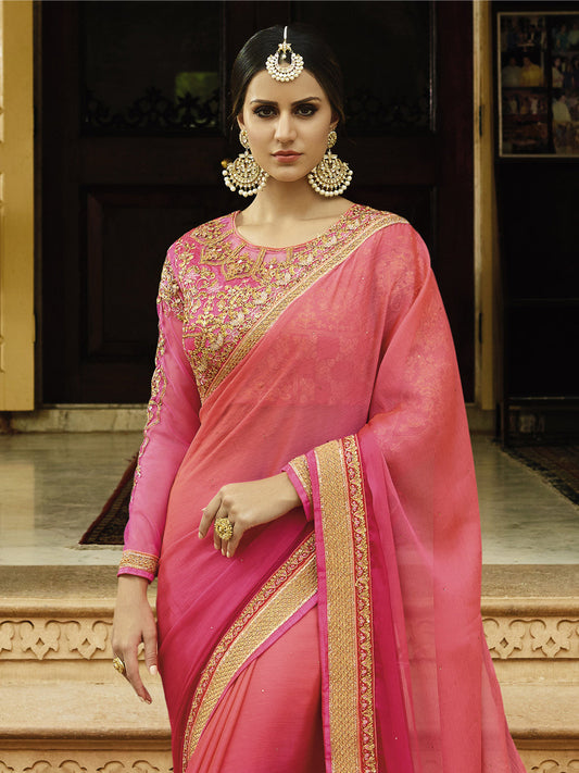Embroidered Border Chiffon Saree in Pink color-82080