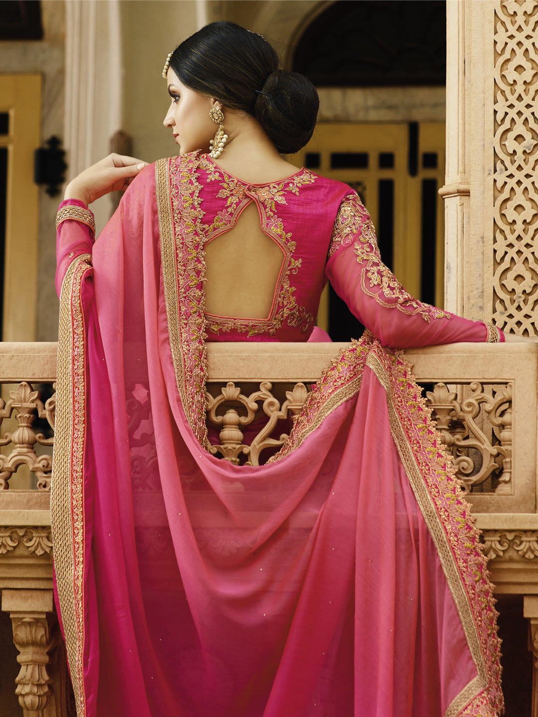 Embroidered Border Chiffon Saree in Pink color-82080