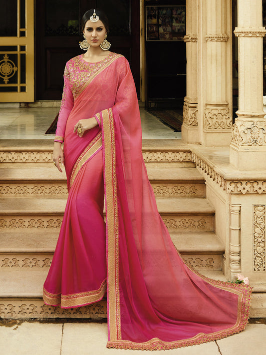 Embroidered Border Chiffon Saree in Pink color-82080