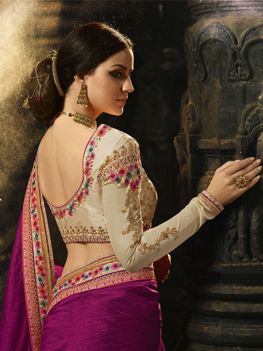 Embroidered Border Silk Saree in Purple color-82083