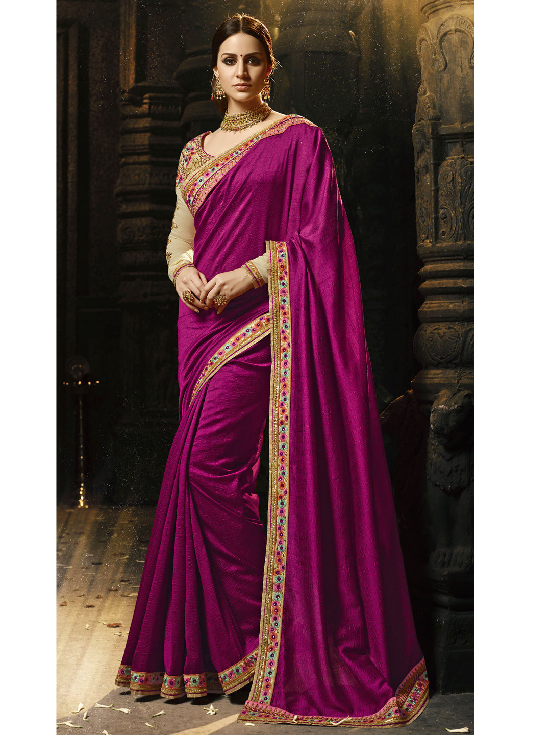 Embroidered Border Silk Saree in Purple color-82083